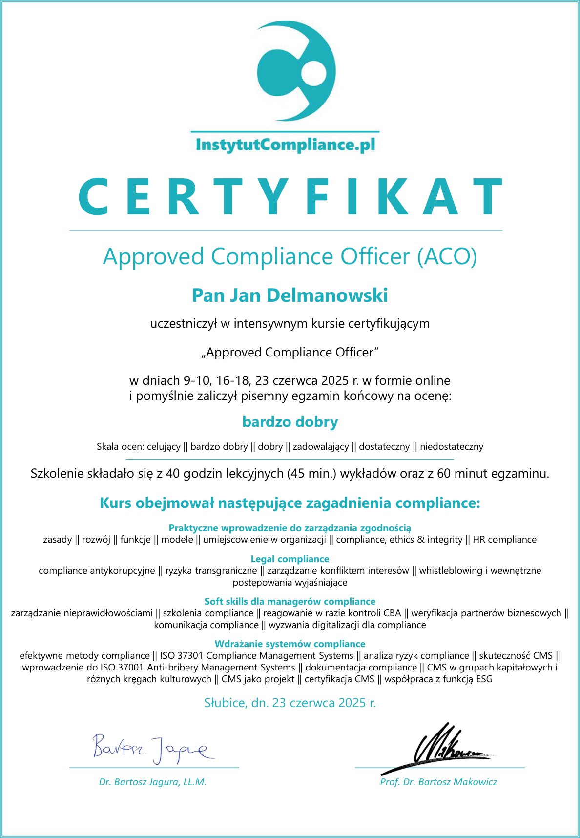 Certyfikat — Approved Compliance Officer (ACO)